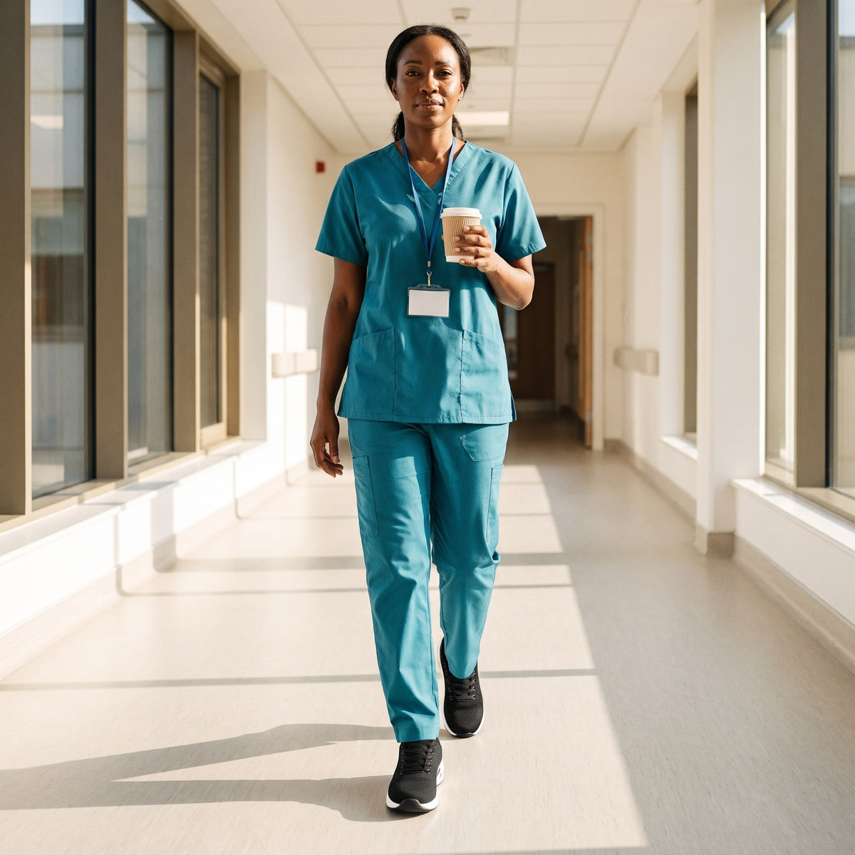 Again Shift in Black / white sole, worn by a nurse in teal scrubs walking a sunlit hospital corridor