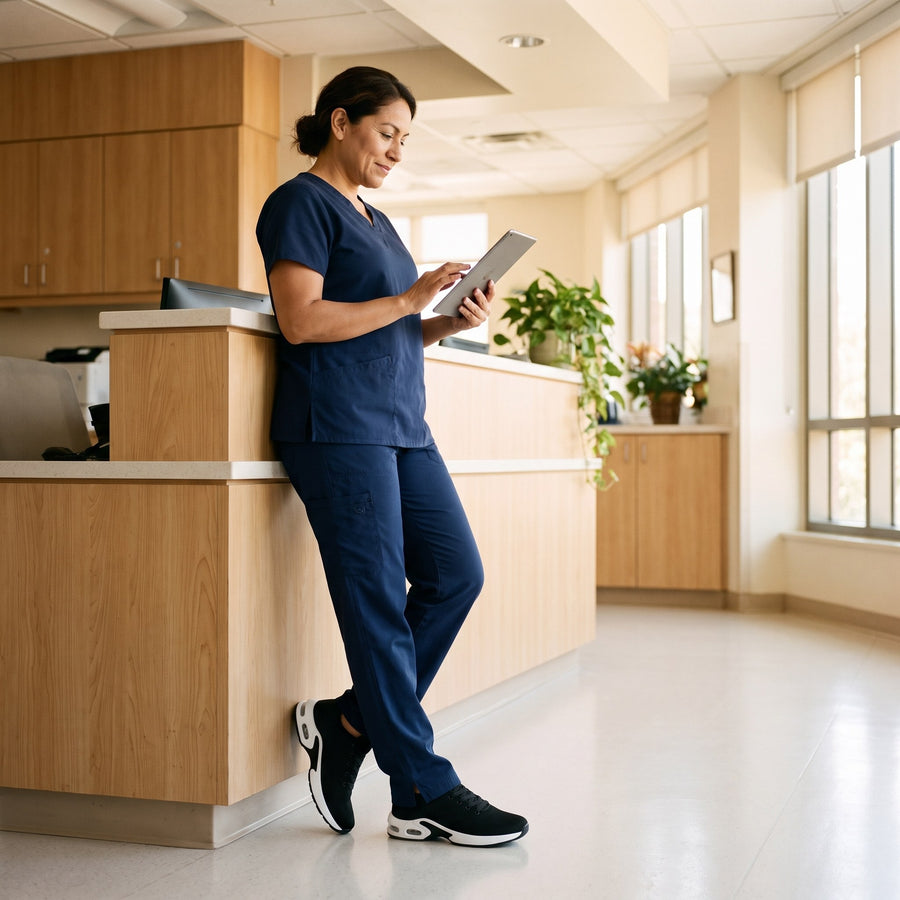 Again Shift in Black / white sole, worn at the nurses' station mid-shift