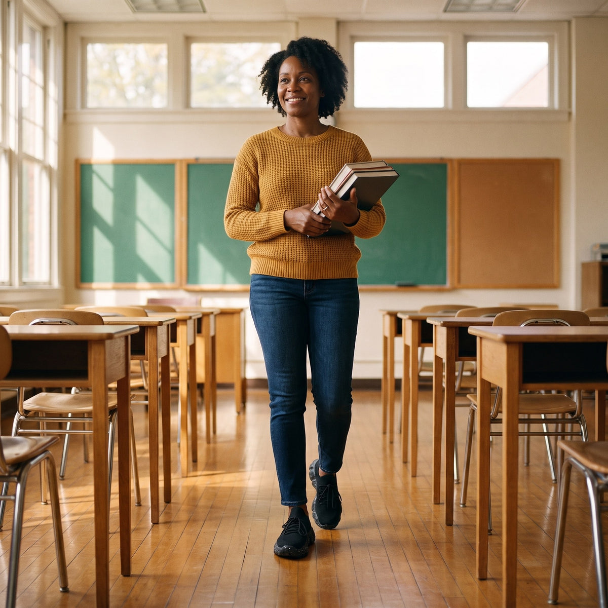 Again Walk in Black, worn by a teacher walking between the desks