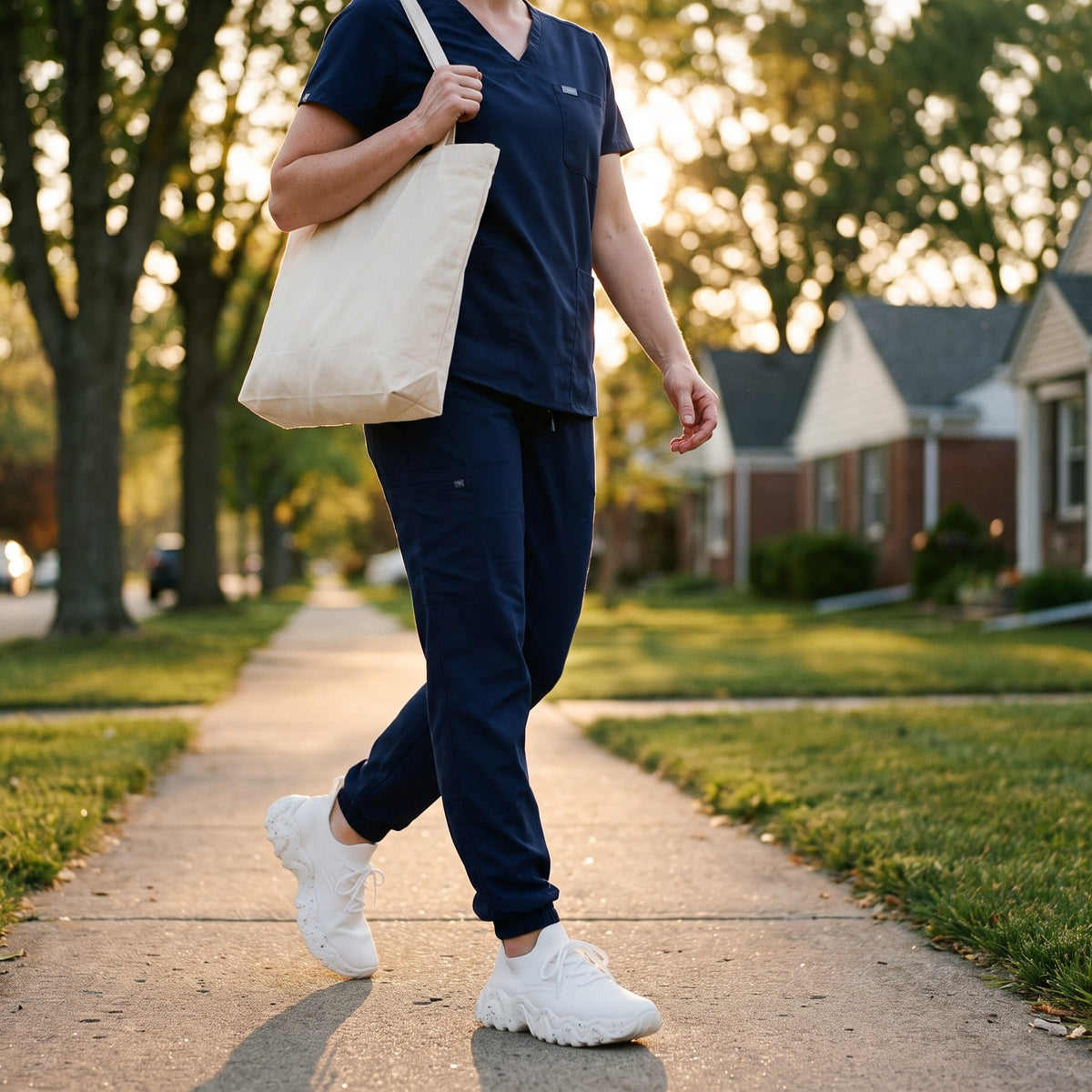 Again Walk in White, walking home at golden hour in navy scrubs