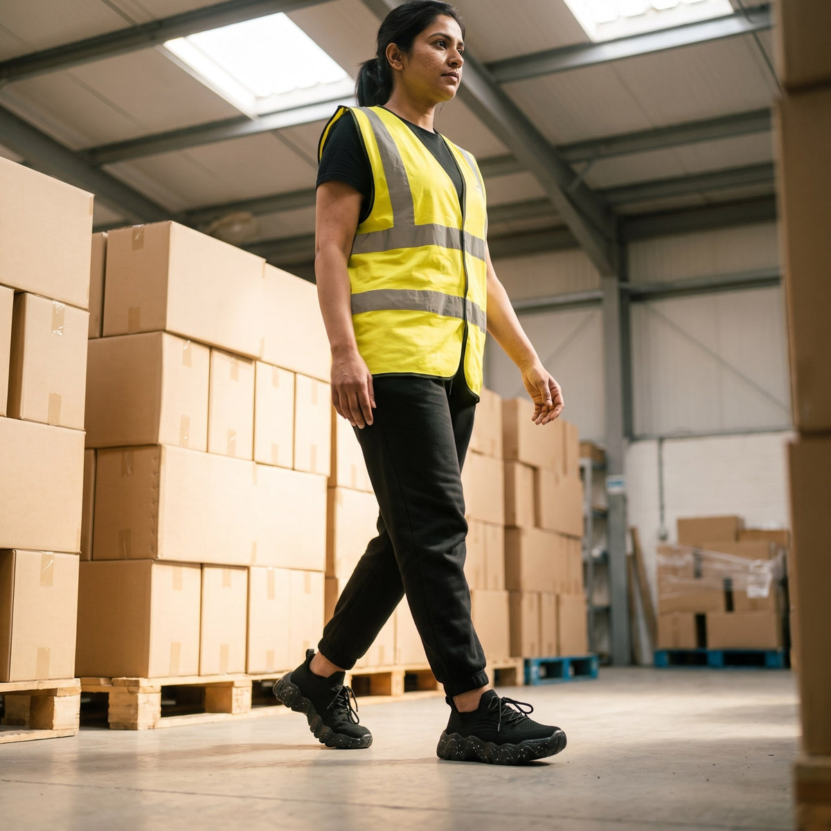 Again Walk in Black, walking a warehouse aisle in a hi-vis vest
