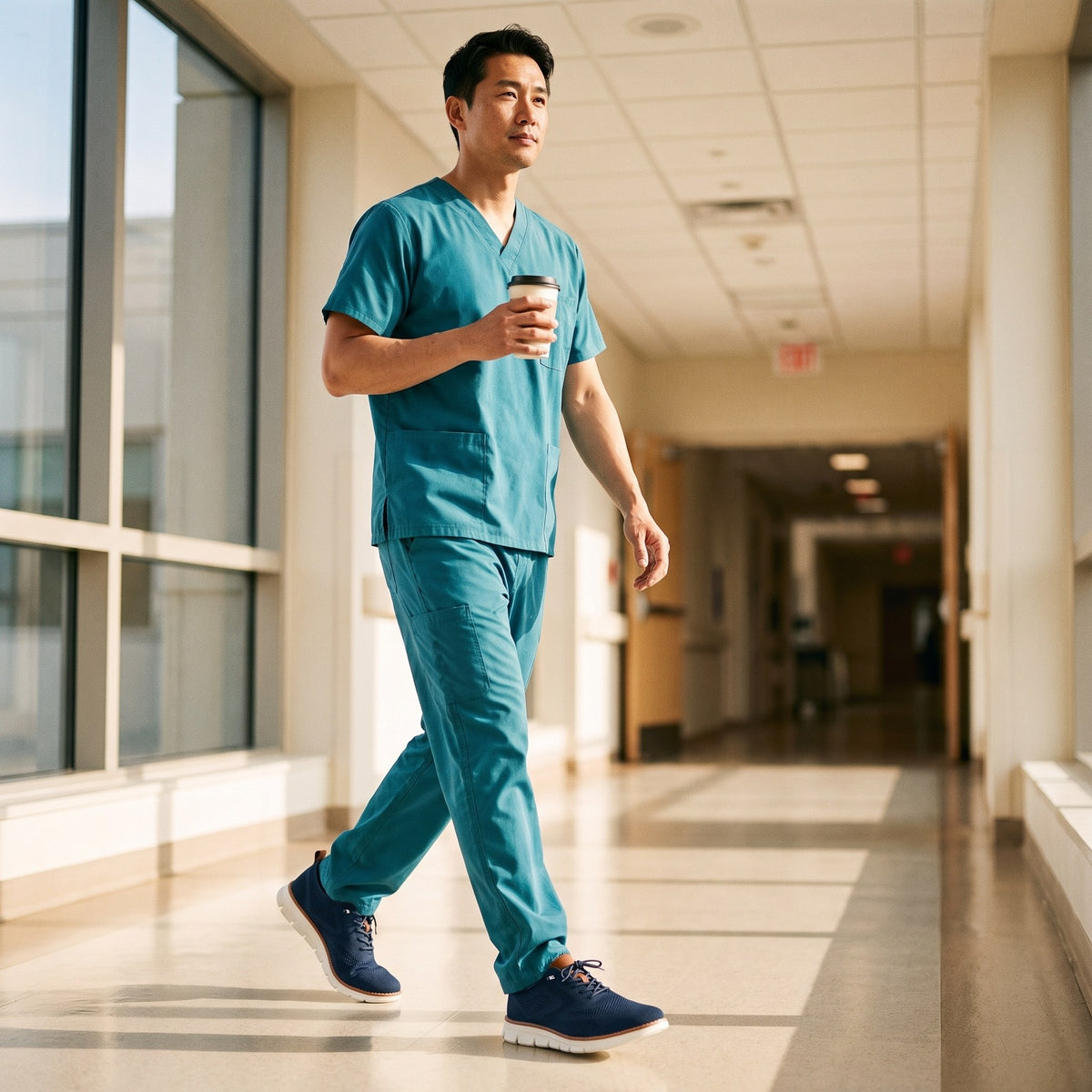 Again Wide in Navy, worn with teal scrubs in the hospital corridor