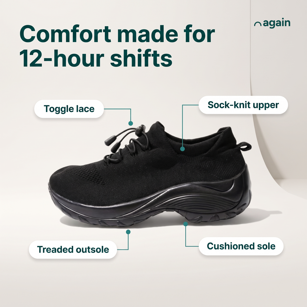 Again Glide — feature callouts, shown in All Black (toggle lace, sock-knit upper, cushioned sole, treaded outsole)