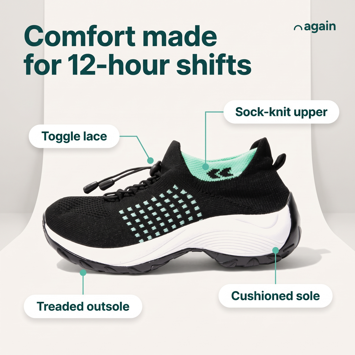 Again Glide — feature callouts, shown in Black / Mint (toggle lace, sock-knit upper, cushioned sole, treaded outsole)