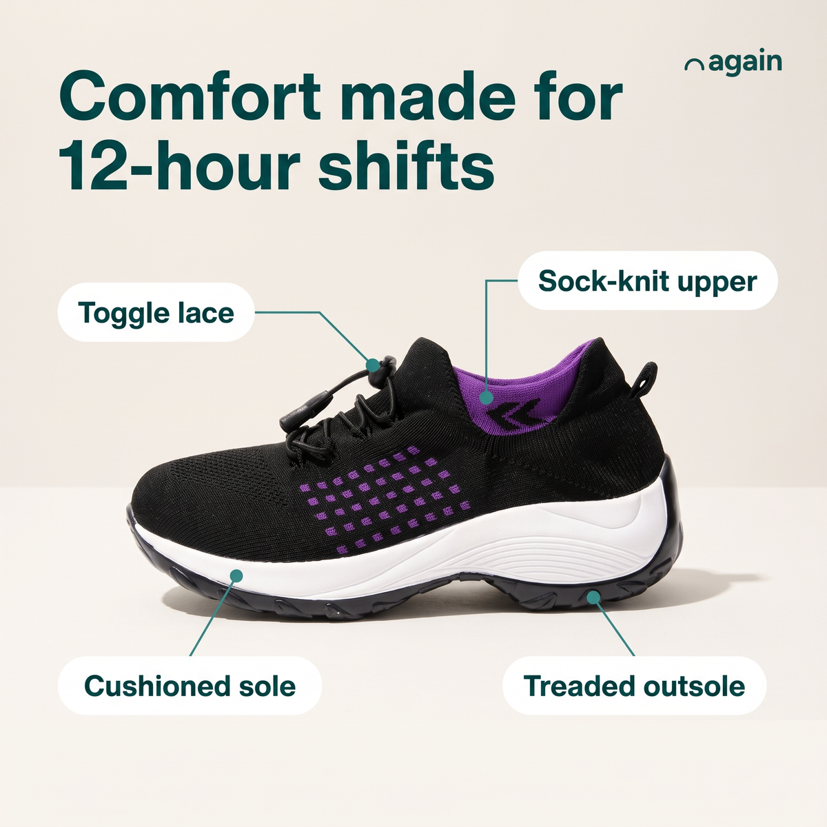 Again Glide — feature callouts, shown in Black / Purple (toggle lace, sock-knit upper, cushioned sole, treaded outsole)