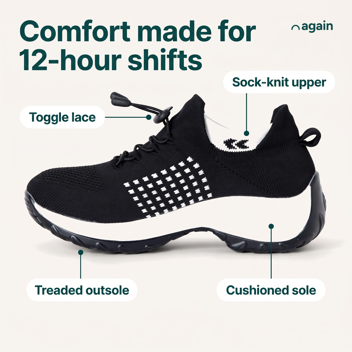 Again Glide — feature callouts, shown in Black / White (toggle lace, sock-knit upper, cushioned sole, treaded outsole)