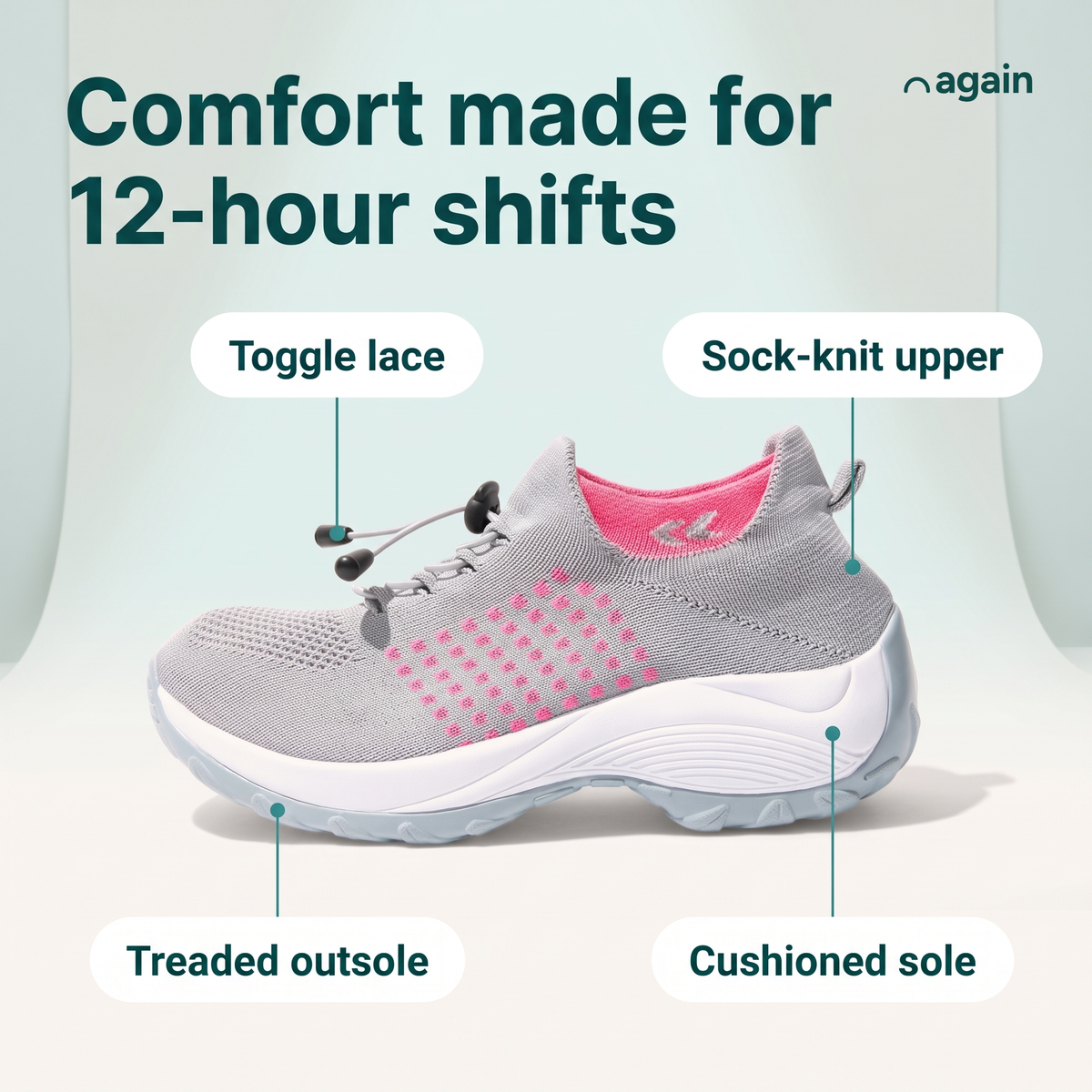 Again Glide — feature callouts, shown in Grey / Pink (toggle lace, sock-knit upper, cushioned sole, treaded outsole)