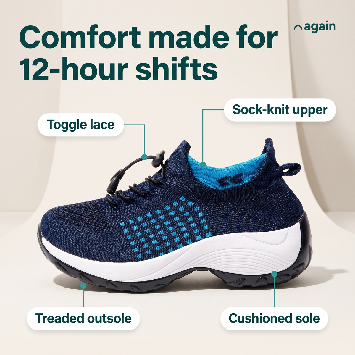 Again Glide — feature callouts, shown in Navy / Sky (toggle lace, sock-knit upper, cushioned sole, treaded outsole)