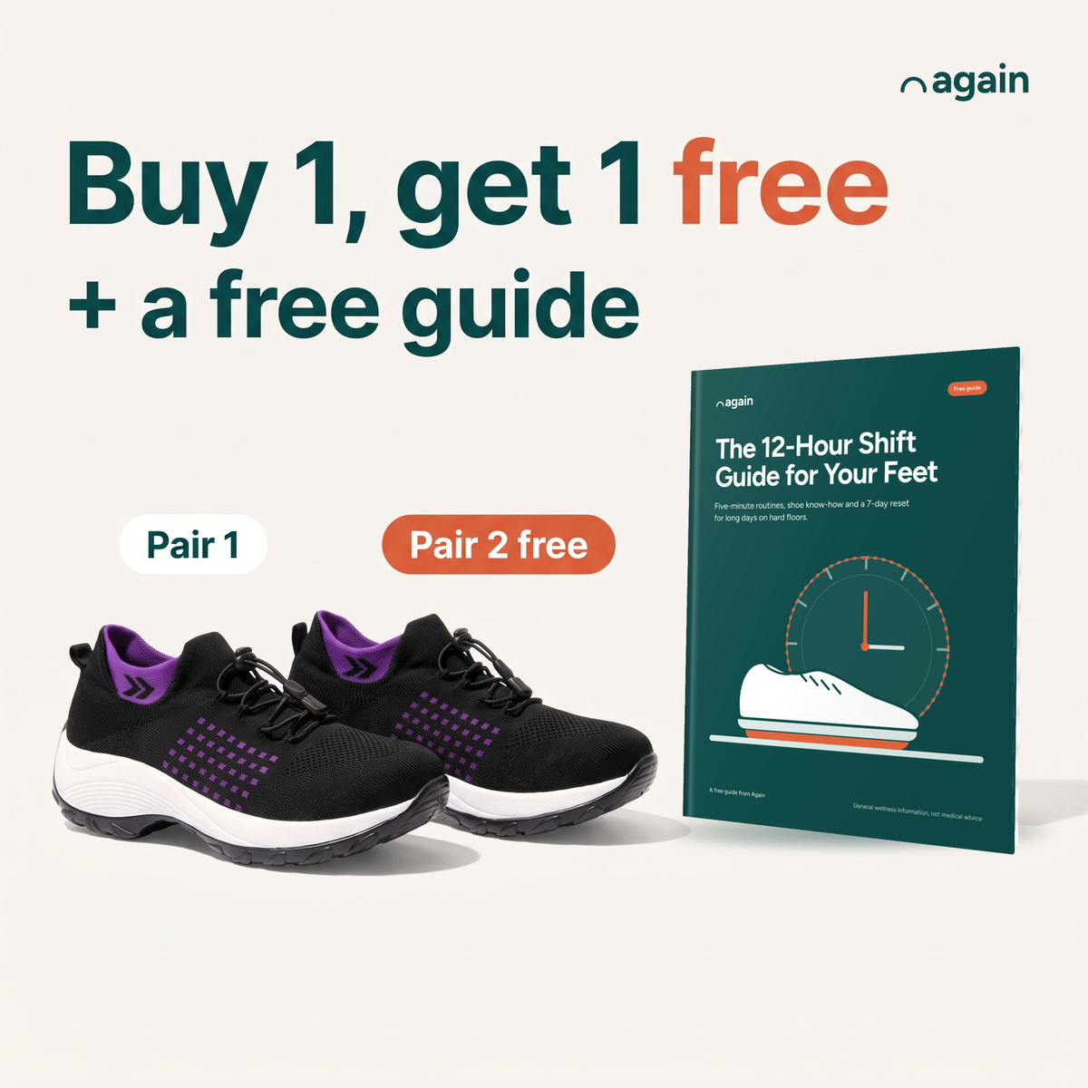 Again Glide — your order: 2 pairs, the second free, plus the free guide The 12-Hour Shift Guide for Your Feet, with free US shipping and 30-day returns
