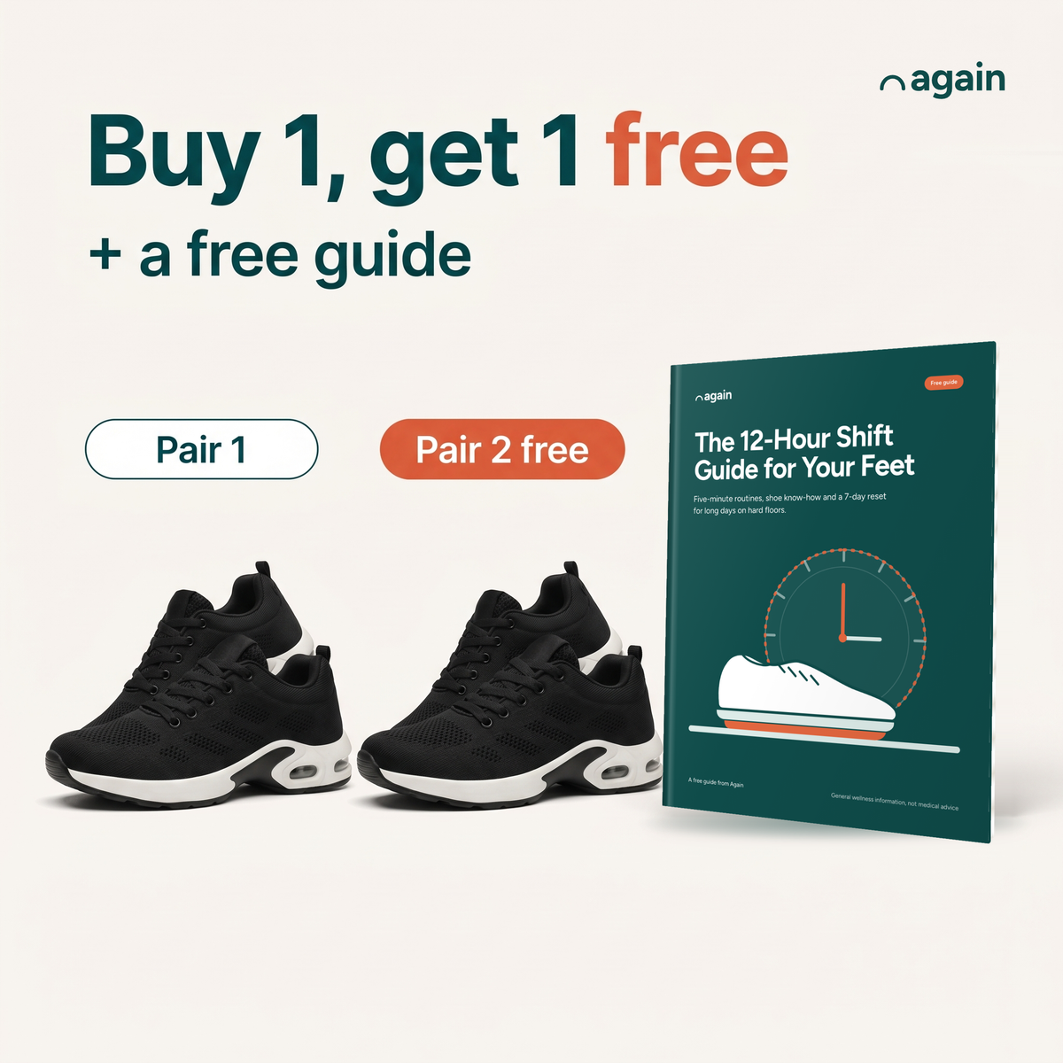 Again Shift — your order: 2 pairs, the second free, plus the free guide The 12-Hour Shift Guide for Your Feet, with free US shipping and 30-day returns