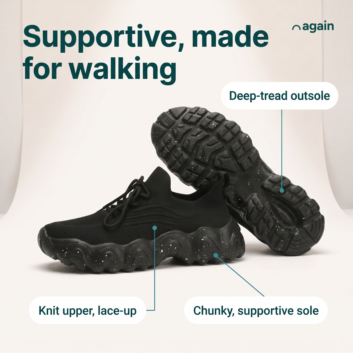 Again Walk — feature callouts, shown in Black (deep-tread outsole, knit upper, lace-up, chunky, supportive sole)