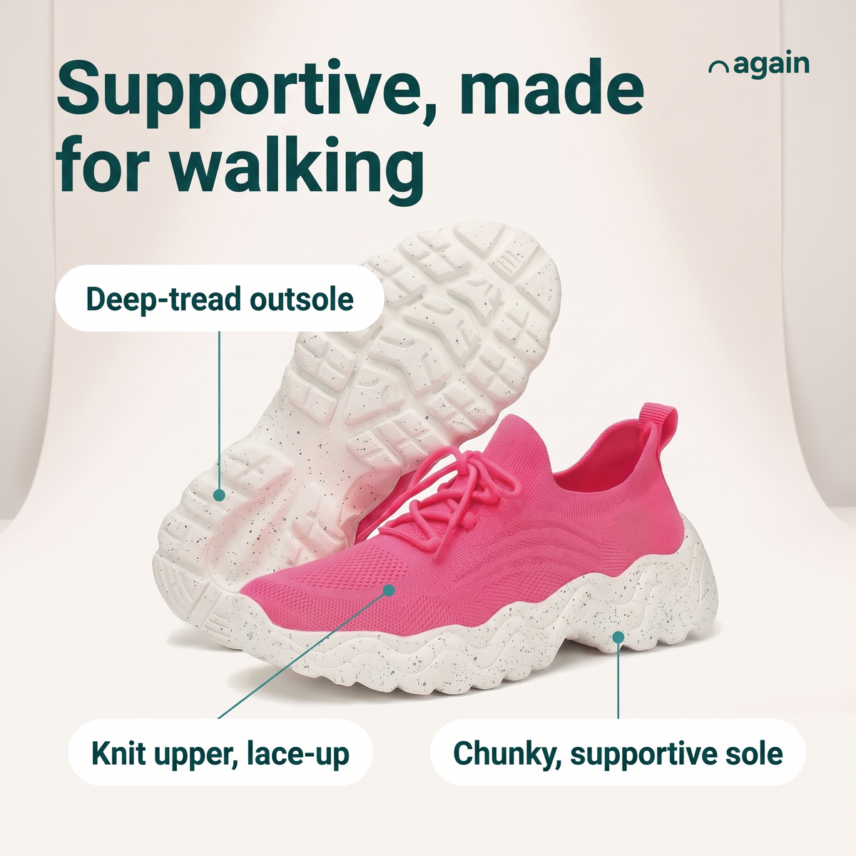 Again Walk — feature callouts, shown in Pink / White (deep-tread outsole, knit upper, lace-up, chunky, supportive sole)