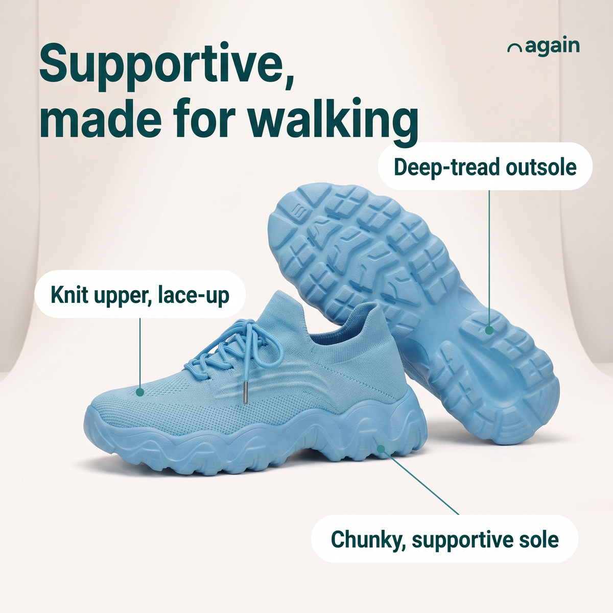 Again Walk — feature callouts, shown in Sky Blue (deep-tread outsole, knit upper, lace-up, chunky, supportive sole)