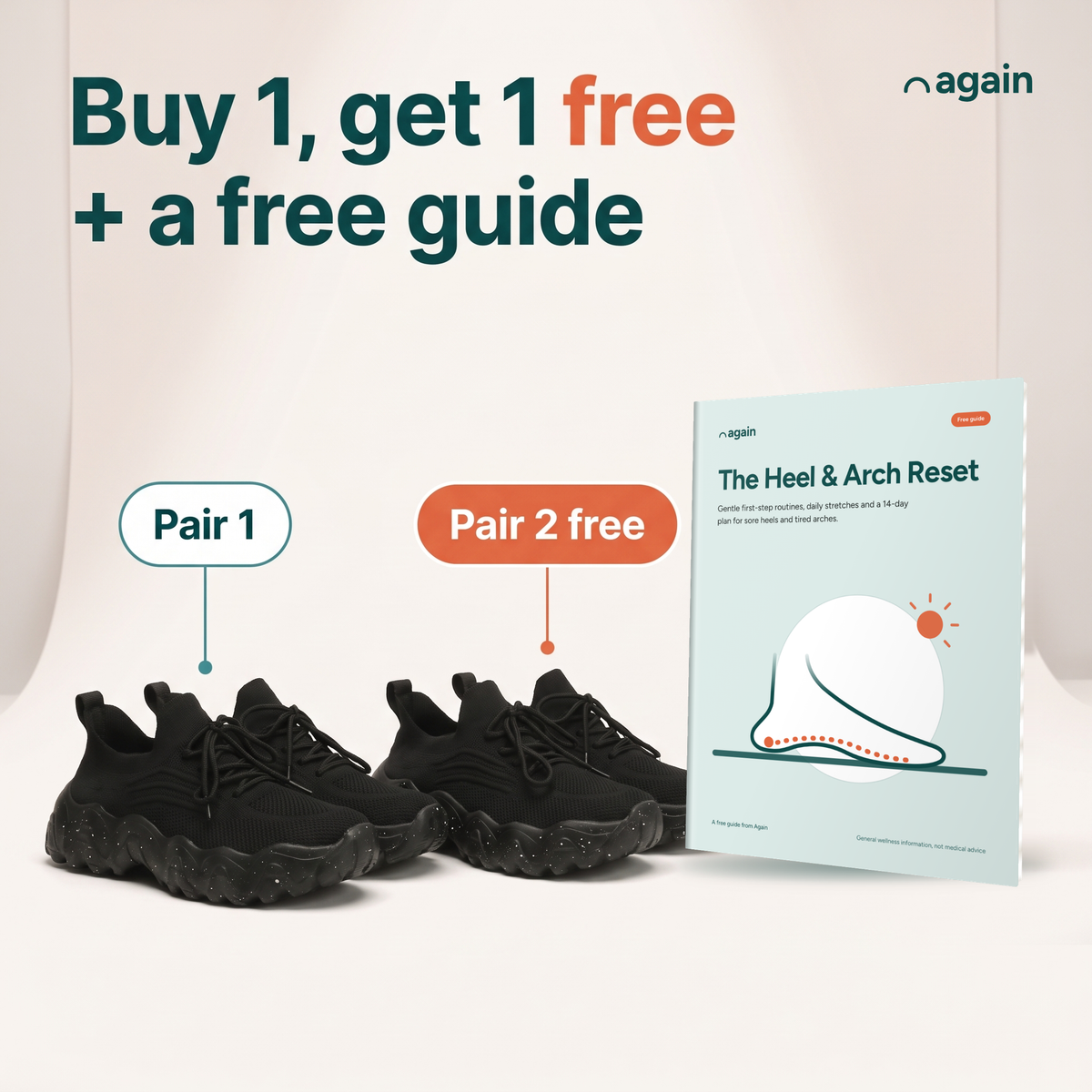 Again Walk — your order: 2 pairs, the second free, plus the free guide The Heel & Arch Reset, with free US shipping and 30-day returns