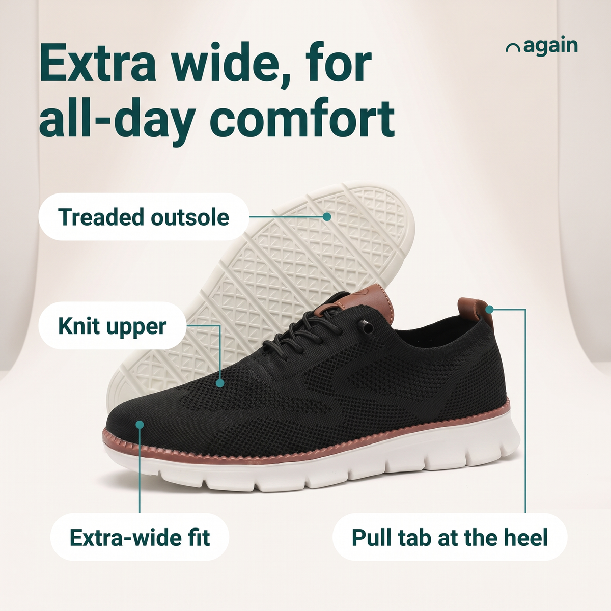 Again Wide — feature callouts, shown in Black (treaded outsole, knit upper, extra-wide fit, pull tab at the heel)