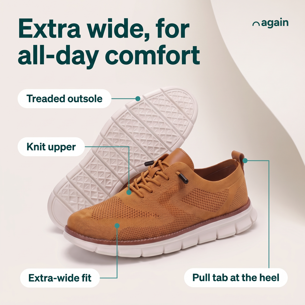 Again Wide — feature callouts, shown in Caramel (treaded outsole, knit upper, extra-wide fit, pull tab at the heel)