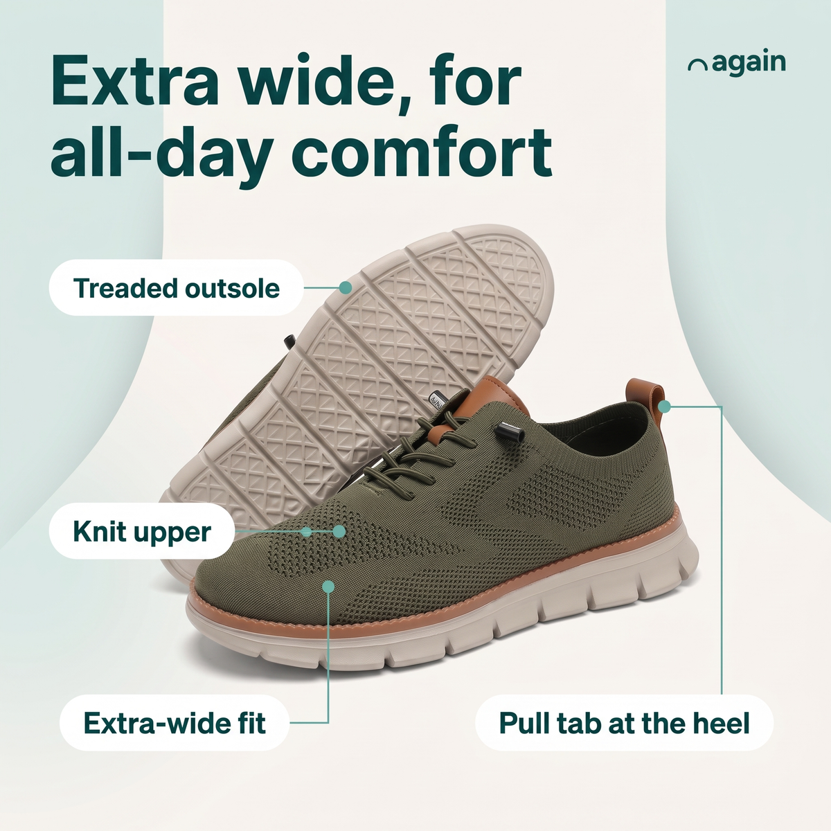Again Wide — feature callouts, shown in Olive (treaded outsole, knit upper, extra-wide fit, pull tab at the heel)