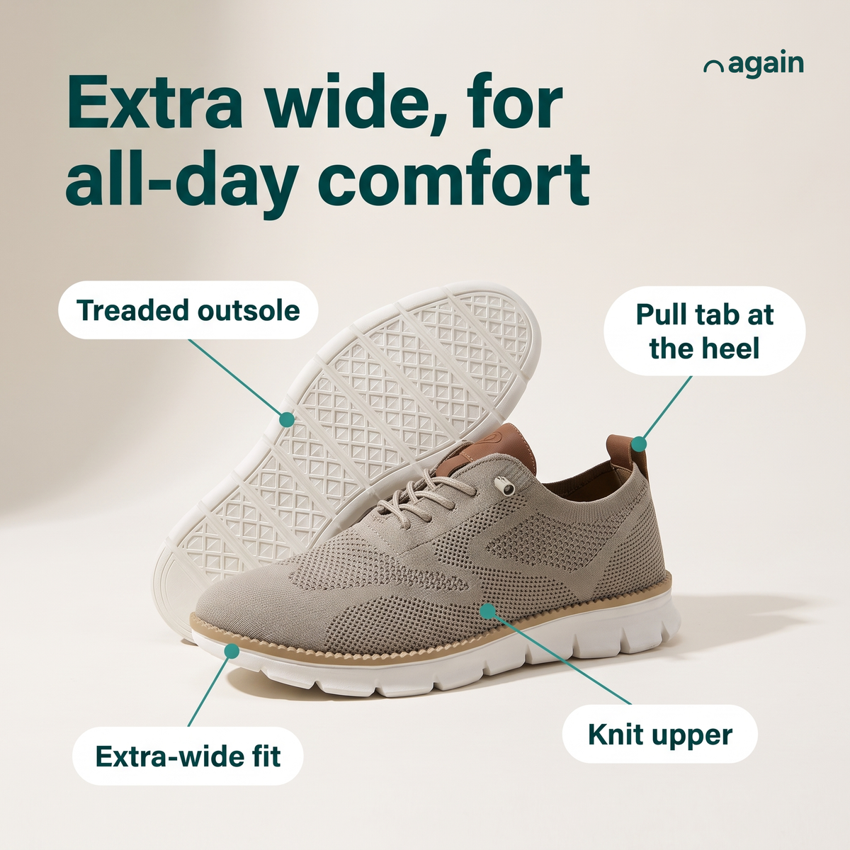Again Wide — feature callouts, shown in Stone (treaded outsole, knit upper, extra-wide fit, pull tab at the heel)