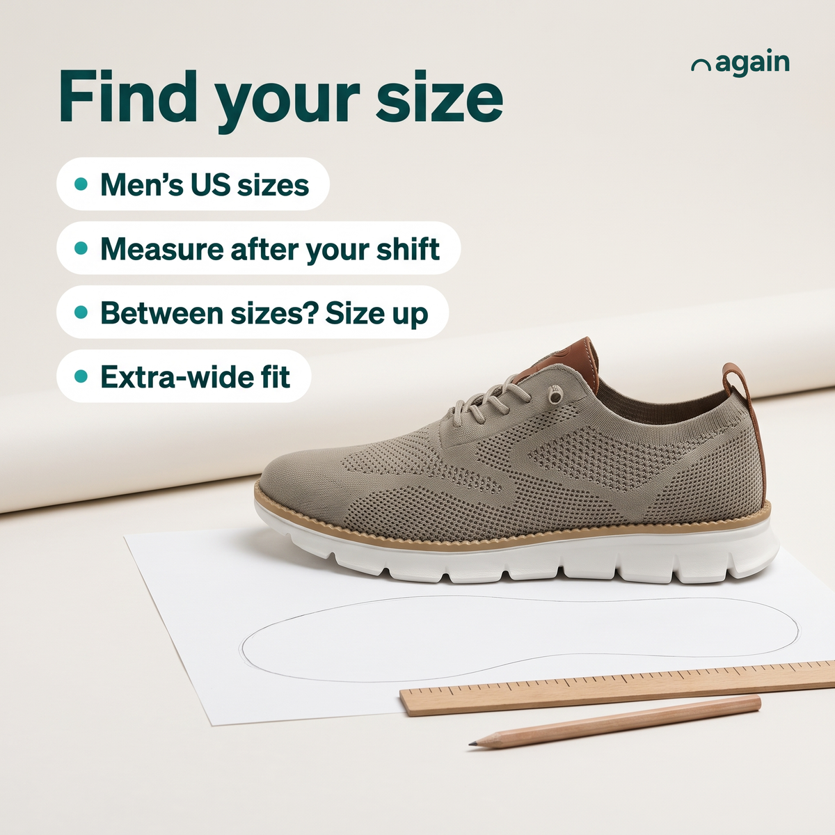Again Wide — find your size. Men's US sizes: 7, 8, 8.5, 9, 9.5, 10, 11, 12, 13. Measure at the end of your day; between sizes, size up. Extra-wide fit. More room across the toes.