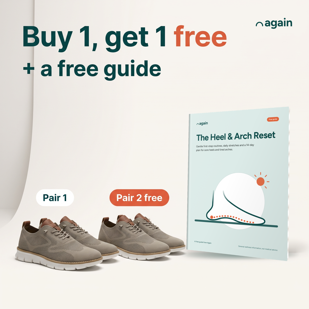 Again Wide — your order: 2 pairs, the second free, plus the free guide The Heel & Arch Reset, with free US shipping and 30-day returns