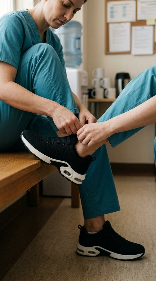 Pulling the laces of Again Shift snug on a break-room bench