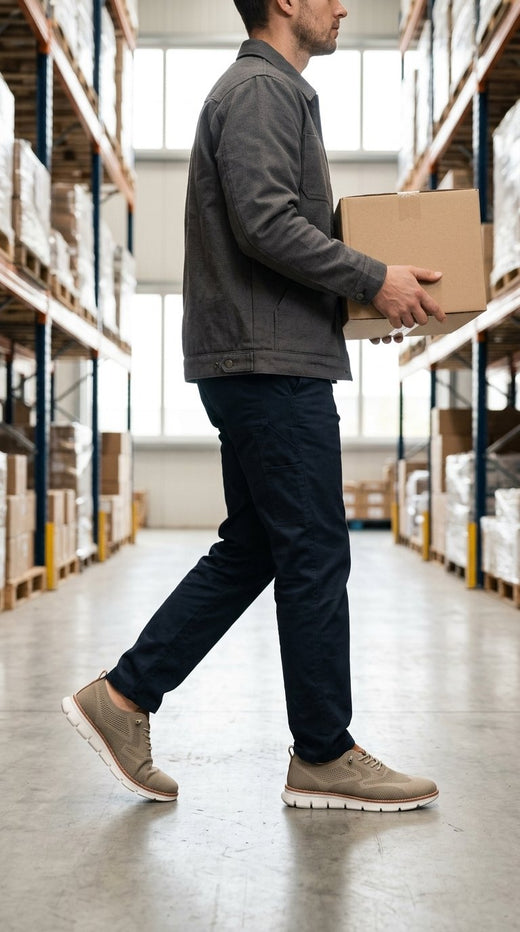 Carrying a box down a warehouse aisle in Again Wide