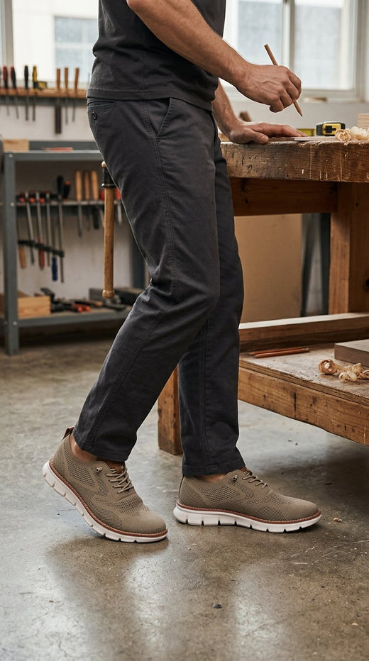 Standing at a workbench in Again Wide