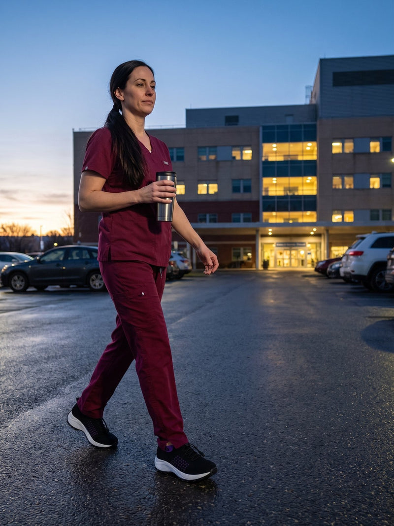A nurse arriving at the hospital at dawn wearing Again Glide