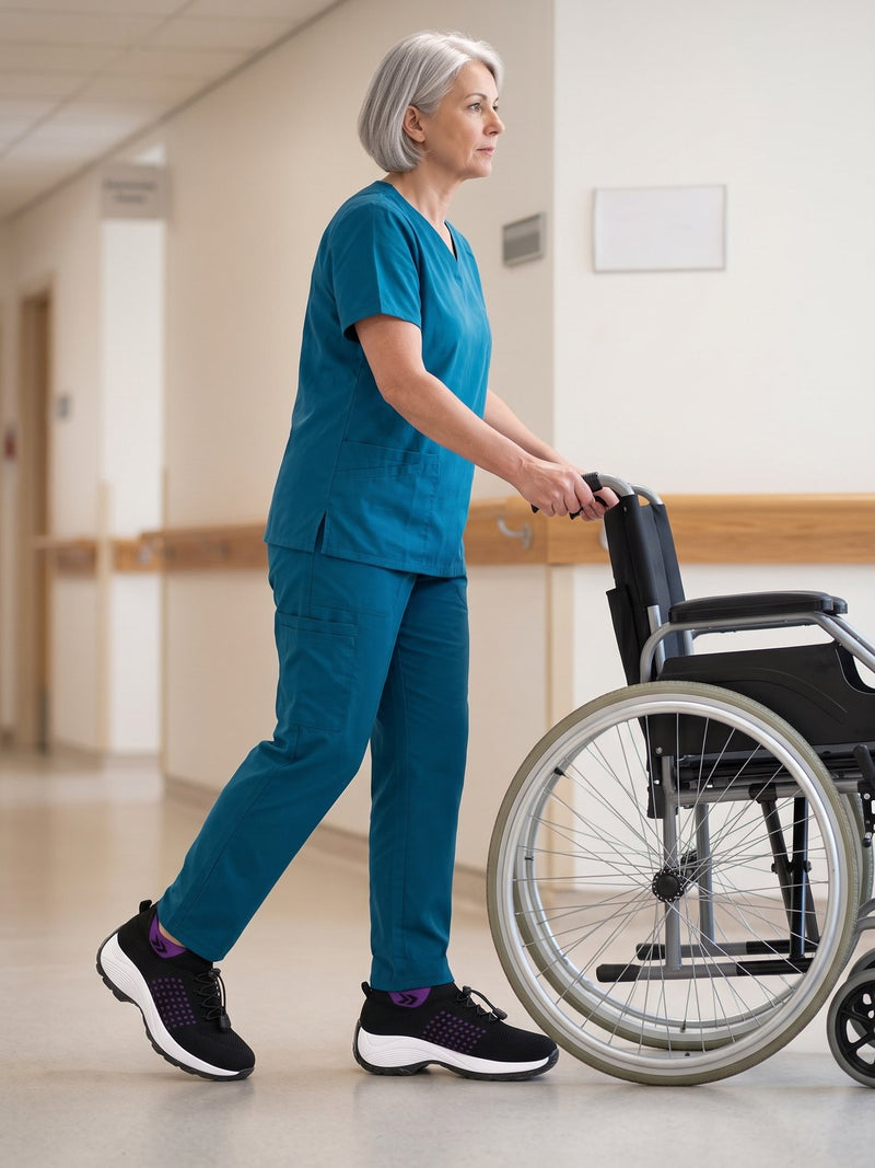 A nursing assistant pushing a wheelchair wearing Again Glide