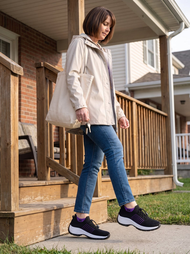 A woman heading out of her front door wearing Again Glide