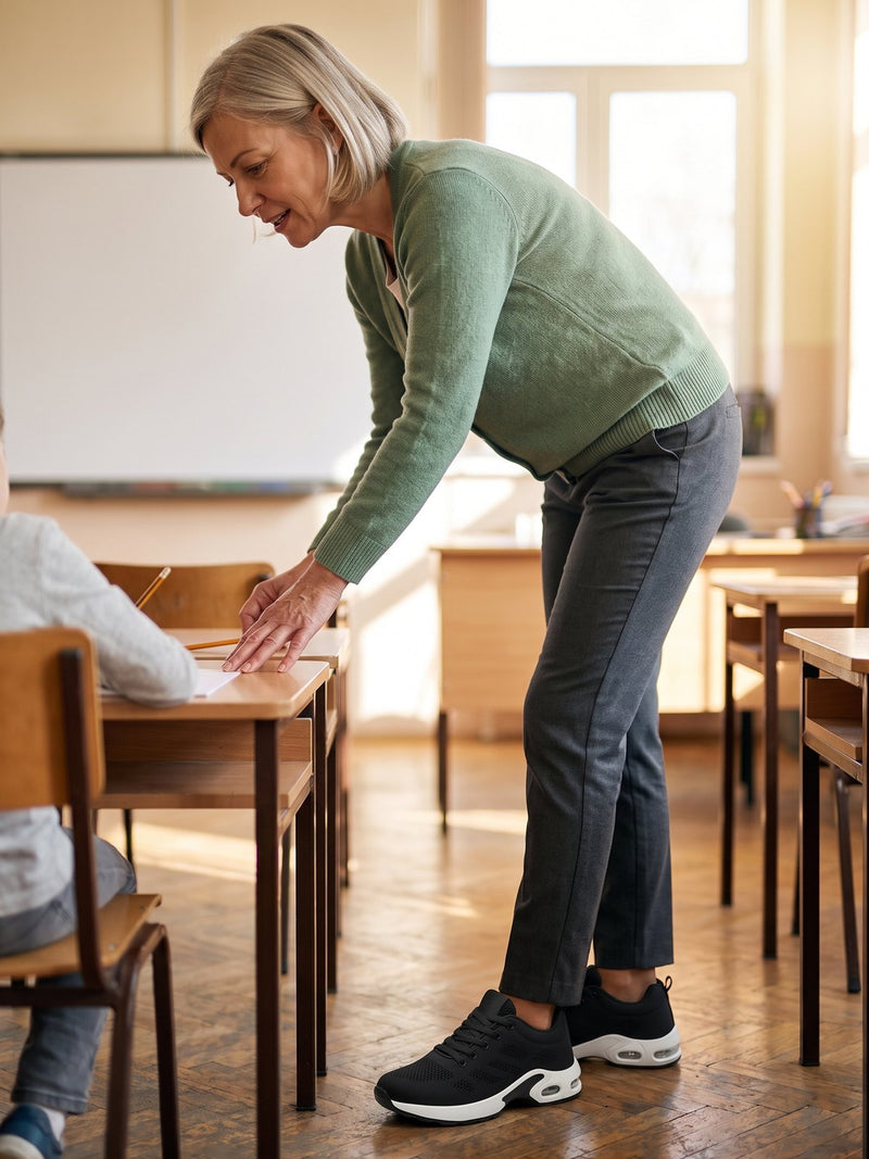 A teacher helping at a desk wearing Again Shift