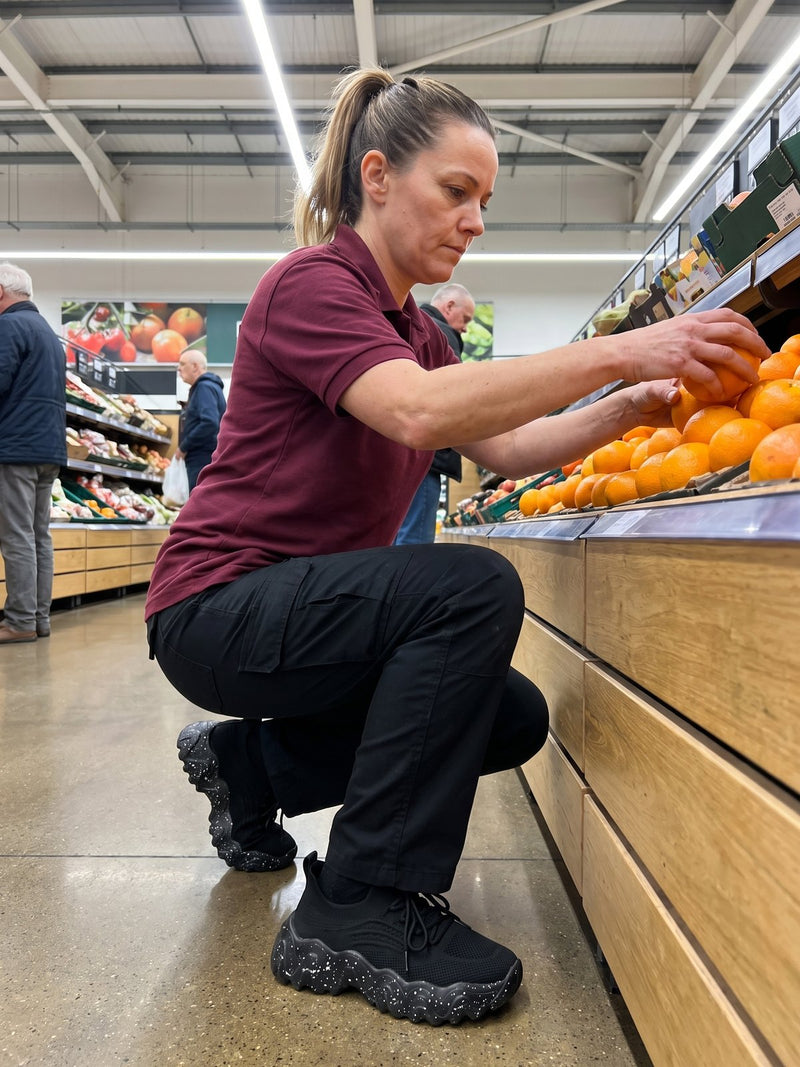 A supermarket worker stacking oranges wearing Again Walk