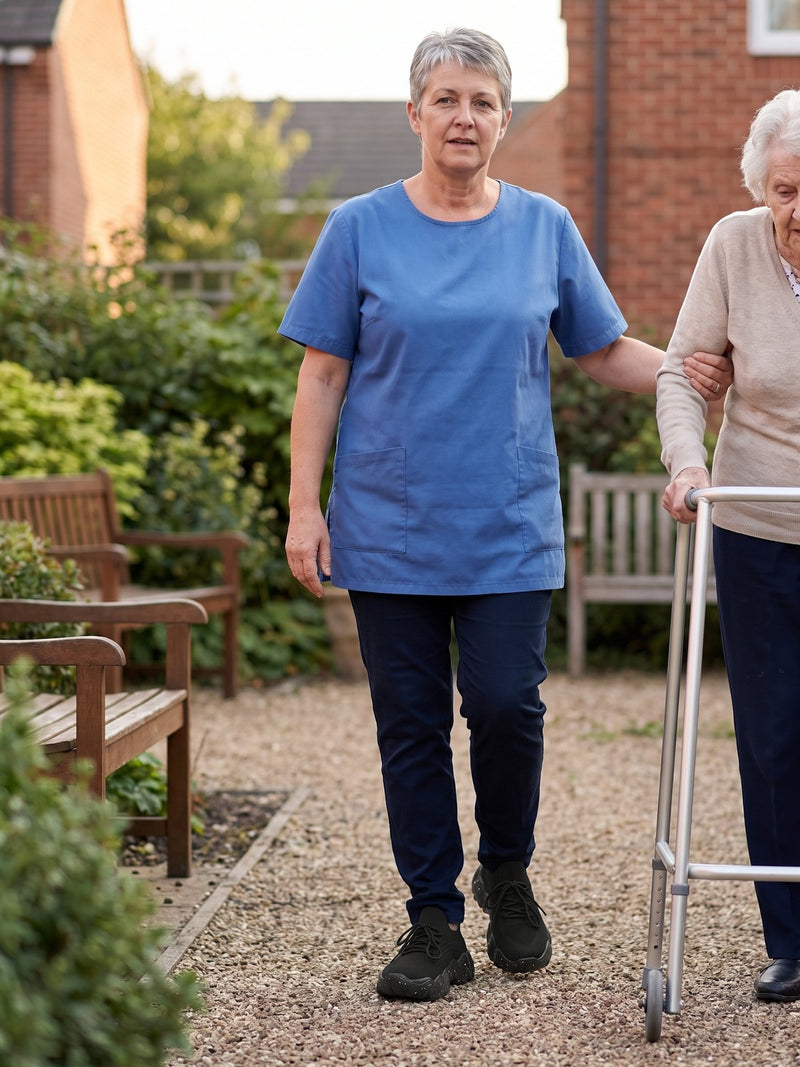 A caregiver walking with a resident wearing Again Walk
