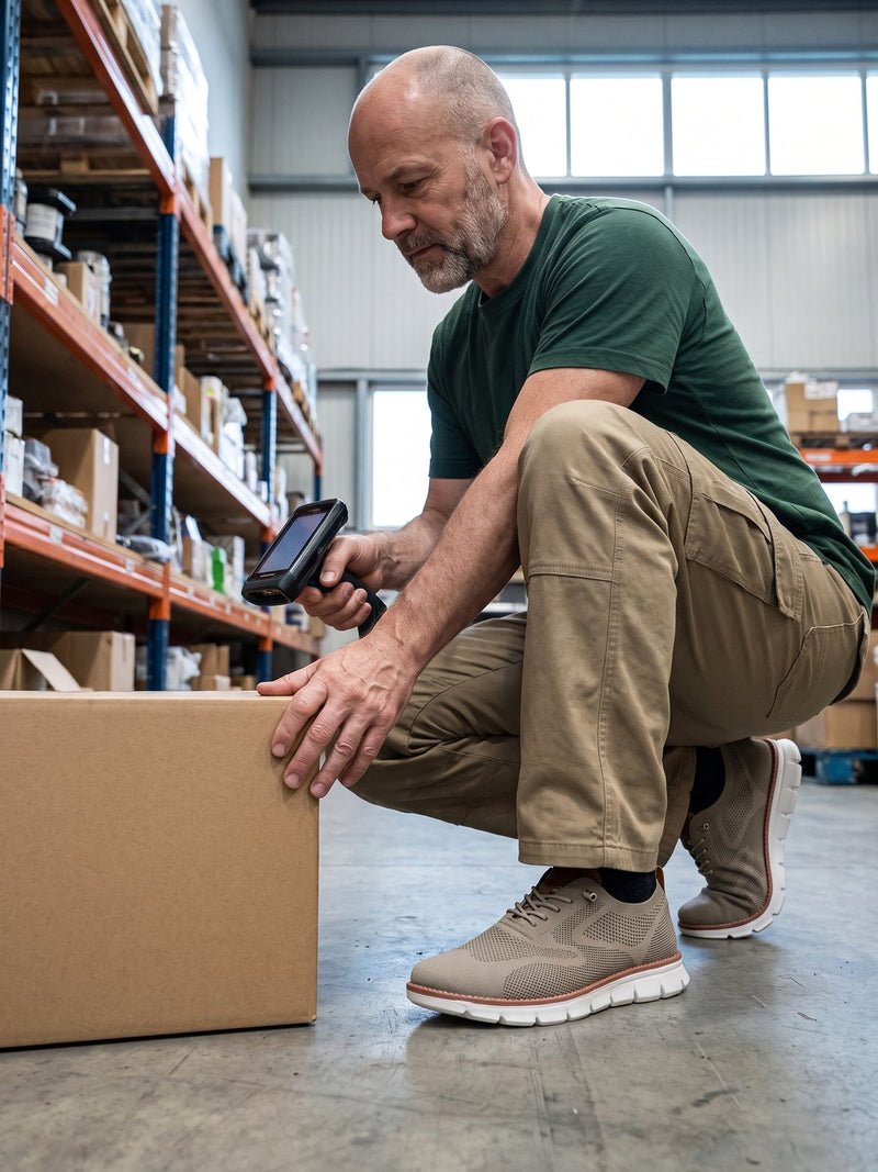 A warehouse worker scanning a box wearing Again Wide