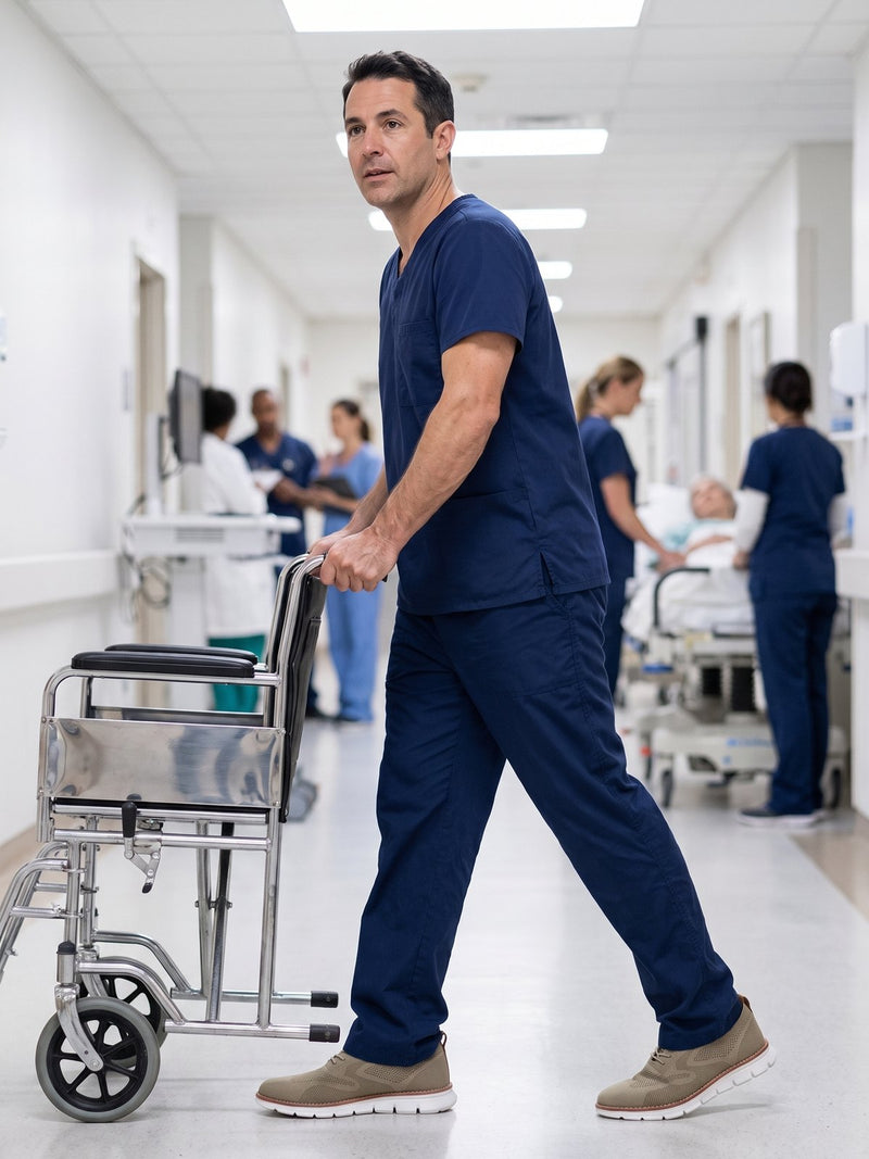 A nurse pushing a wheelchair wearing Again Wide