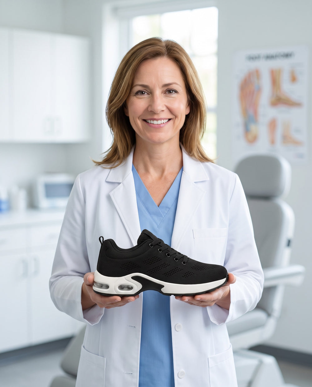 A foot-care specialist in a clinic holding the Again Shift
