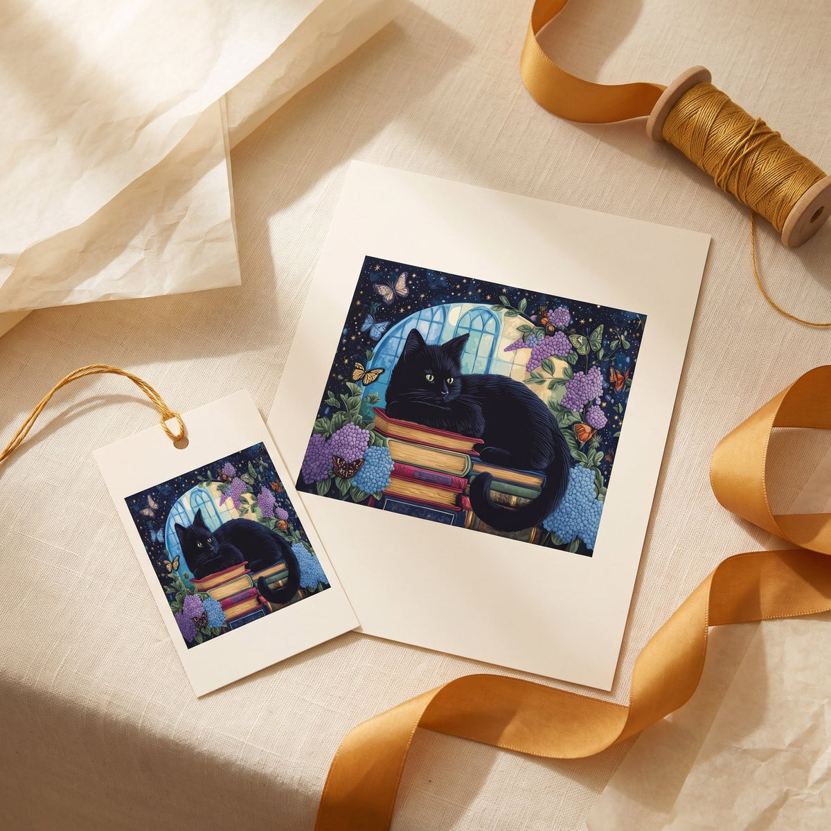 Printable gift card and gift tag printed with the Black Cat on Books quilted artwork, with gold ribbon on cream linen
